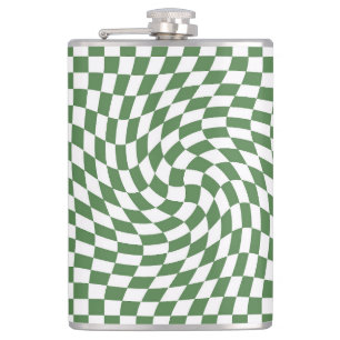 Olive Green & White Warped Chequered Pattern    Hip Flask