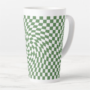 Olive Green & White Warped Chequered Pattern Latte Mug