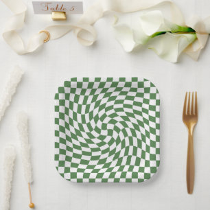 Olive Green & White Warped Chequered Pattern Paper Plate