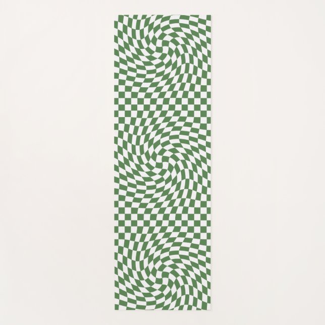 Olive Green & White Warped Chequered Pattern    Yoga Mat (Front)