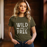 Olive Green Wild and Free T-Shirt<br><div class="desc">Embrace a bold and adventurous spirit with our custom apparel and gifts featuring a trendy black and white "Wild and Free" typography graphic paired with a stylish boho arrow design. Perfect for free spirits and those who love modern,  minimalist designs,  these items make a great statement for any occasion.</div>