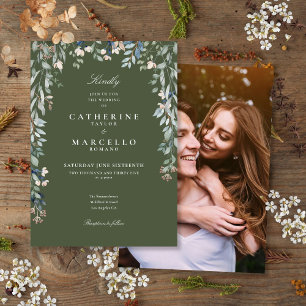 Olive Green Wildflowers Floral Photo Wedding Invitation
