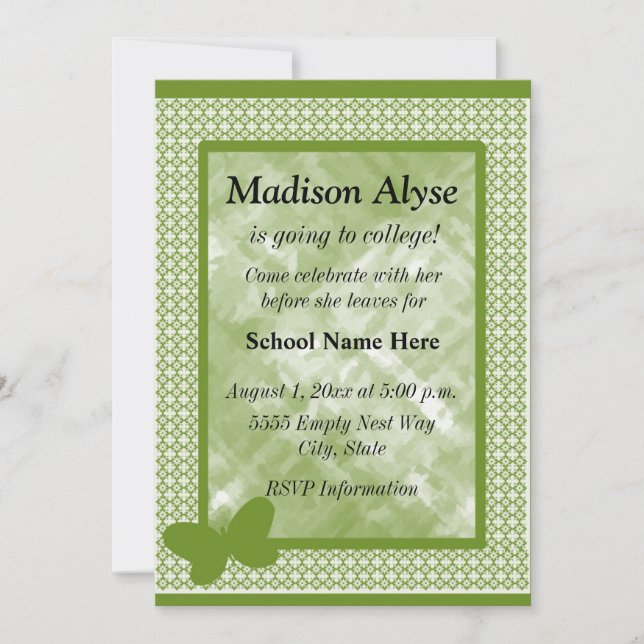 Olive Green with Butterfly Off To College Invite (Front)