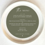 Olive Green Woodland Wedding | Minimalist Round Menu<br><div class="desc">Bring natural elegance to your celebration with this olive green round menu card, inspired by serene woodland tones and minimalist design. The modern circular format and earthy colour palette create a refined, organic feel perfect for weddings, forest themed events, and summer outdoor receptions. Versatile and customisable, this menu is also...</div>