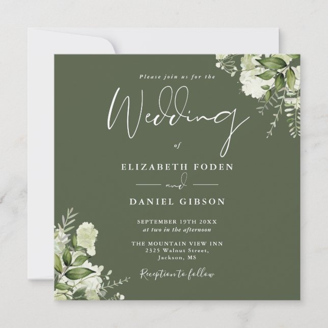 Olive Greenery Floral Monogram Square Wedding Invitation (Front)