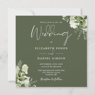 Olive Greenery Floral Monogram Square Wedding Invitation