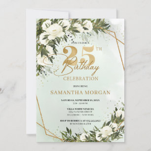 Olive greenery gold frame white rose 25th birthday invitation