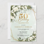 Olive greenery gold frame white rose 50th birthday invitation<br><div class="desc">Olive greenery gold frame white rose 50th birthday invitation This charming trendy chic design is perfect for all boho or rustic style Events. Design is featured watercolor hand painted olive greenery foliage mixed olive branches mixed watercolor white roses flowers and gentry woven into faux gold geometric frame and combined modern...</div>