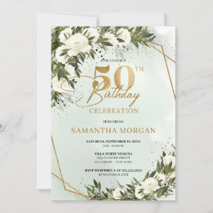 Olive greenery gold frame white rose 50th birthday invitation