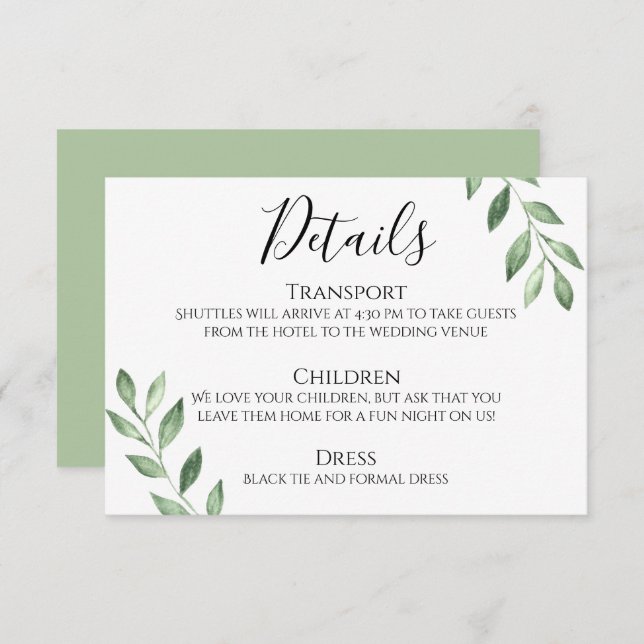 Olive Greenery Watercolor Wedding Details Card (Front/Back)