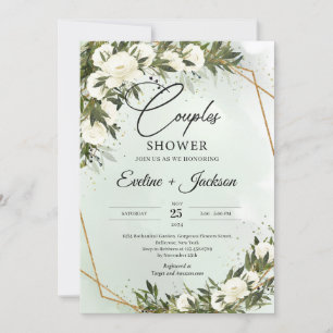 Olive greenery white roses gold frame couples  invitation