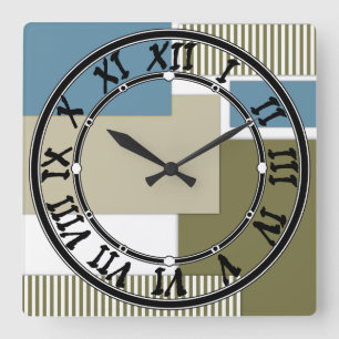 Olive grey blue geometric pattern square wall clock