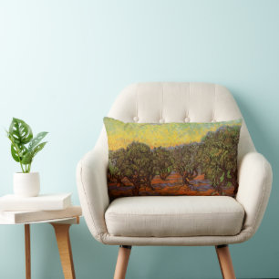 Olive Grove, Orange Sky by Vincent van Gogh Lumbar Cushion