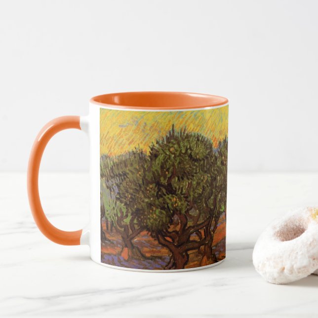 Olive Grove, Orange Sky by Vincent van Gogh Mug (With Donut)