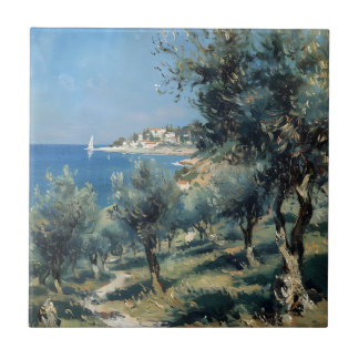 Olive Grove with Coastal Village and Sea Ceramic Tile