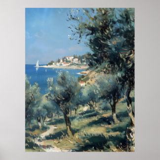 Olive Grove with Coastal Village and Sea Poster