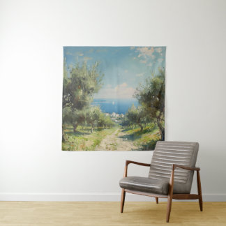 Olive Grove with Coastal Village and Sea Tapestry