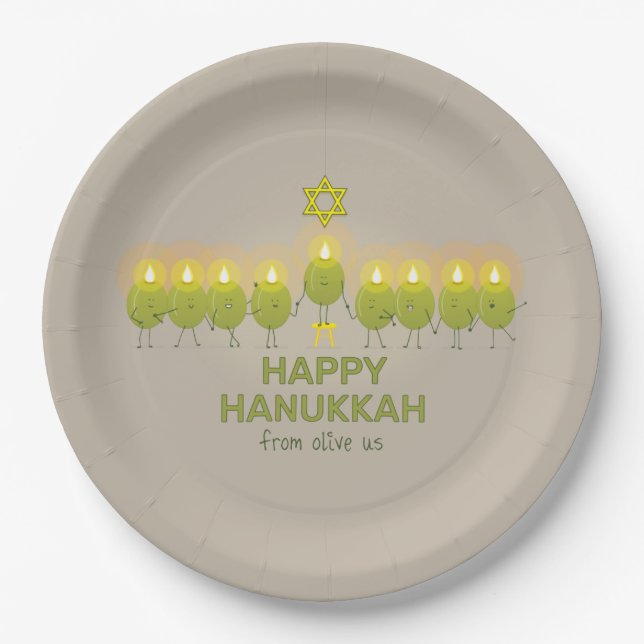 Olive Hanukkah Menorah Paper Plate (Front)