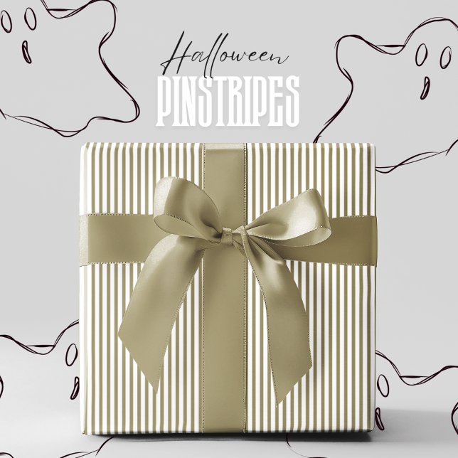 Olive Harvest Green and White Pinstripe Halloween Wrapping Paper (Olive Harvest Green Halloween Wrapping Paper. Green & White Thin Stripes Pattern for Autumn Party)