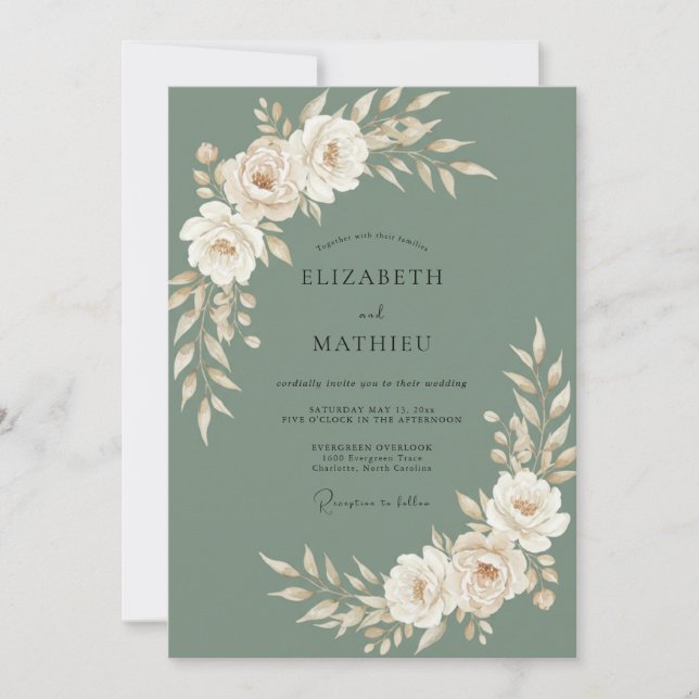 Olive Ivory Rose Wedding Invitation (Front)