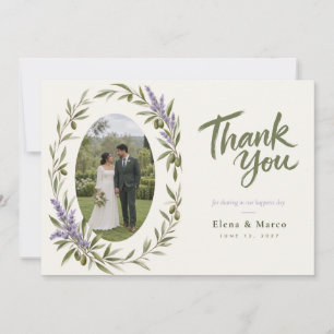 Olive Lavender Wreath Wedding Photo Thank You Card
