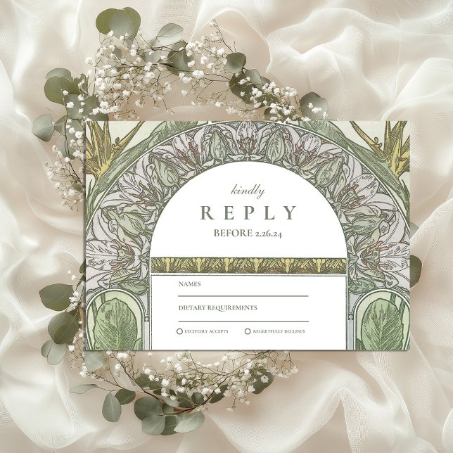 Olive Leaf Arch Art Nouveau wedding RSVP Card (Creator Uploaded)
