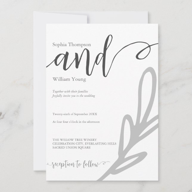 Olive leaf branch typography greyscale wedding invitation (Front)