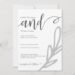 Olive leaf branch typography greyscale wedding invitation