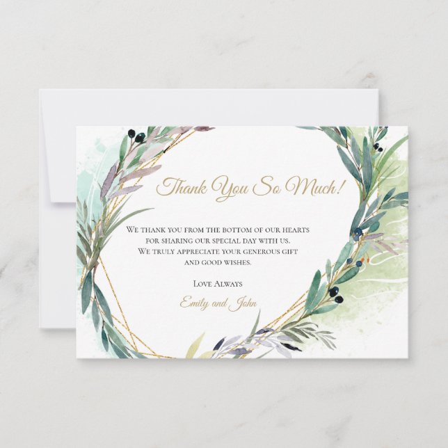 Olive Leaf Gold Geometric Frame/Your Photo Thank You Card (Front)