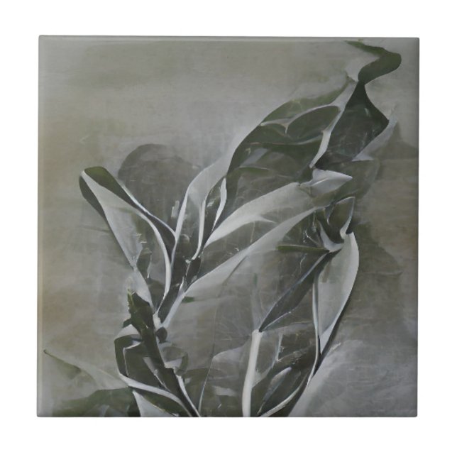 Olive leaf grey etching abstract graphic art ceramic tile (Front)