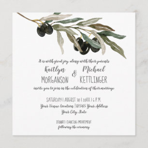 Olive Leaf Leaves Branch Watercolor Summer Wedding Invitation