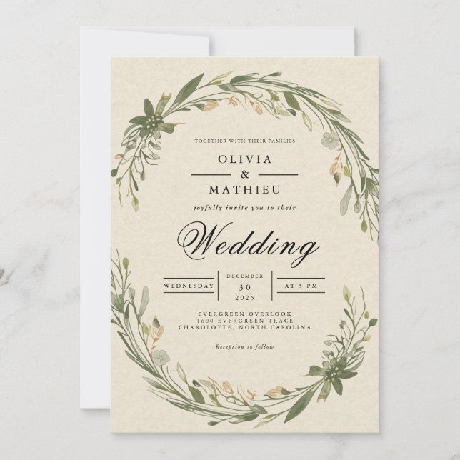 Olive Leaf Wreath Floral Wedding Invitation (Front)