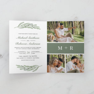 Olive Leaves Branch Photo Collage QR Code Wedding Invitation
