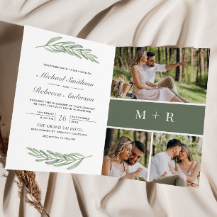 Olive Leaves Branch Photo Collage QR Code Wedding Invitation