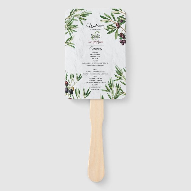 Olive Leaves Greek Island Wedding Program Hand Fan (Front)