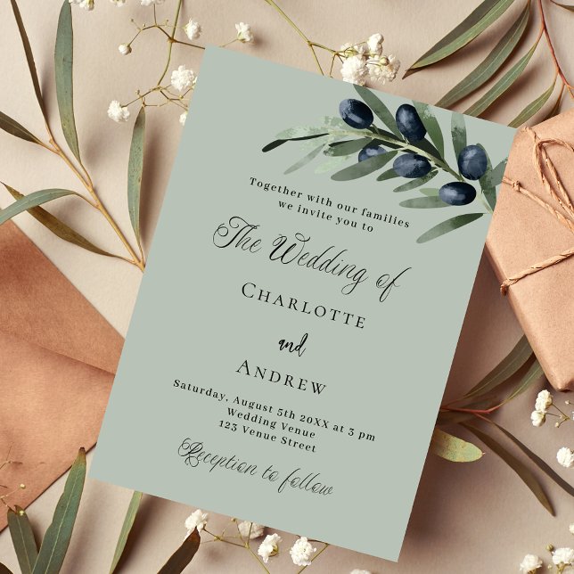 Olive leaves greenery simple script wedding invitation postcard (Creator Uploaded)