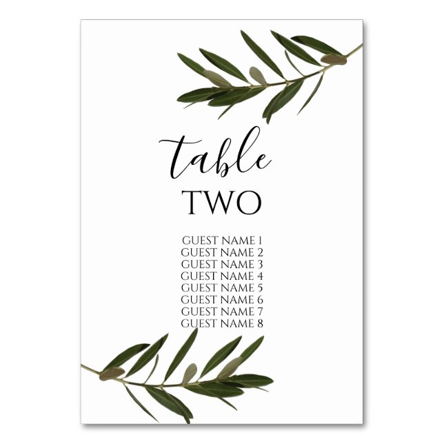 Olive Leaves Greenery Wedding Guest Names Table Number (Front)