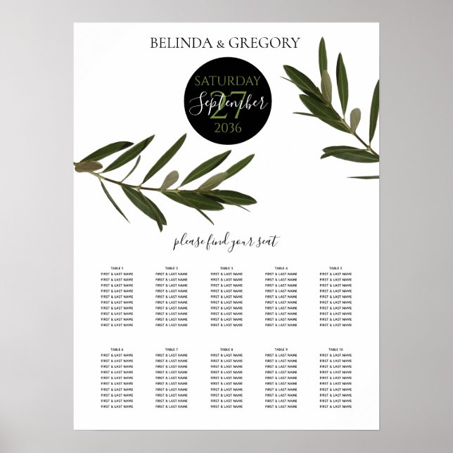 Olive Leaves Greenery Wedding Seating Chart (Front)