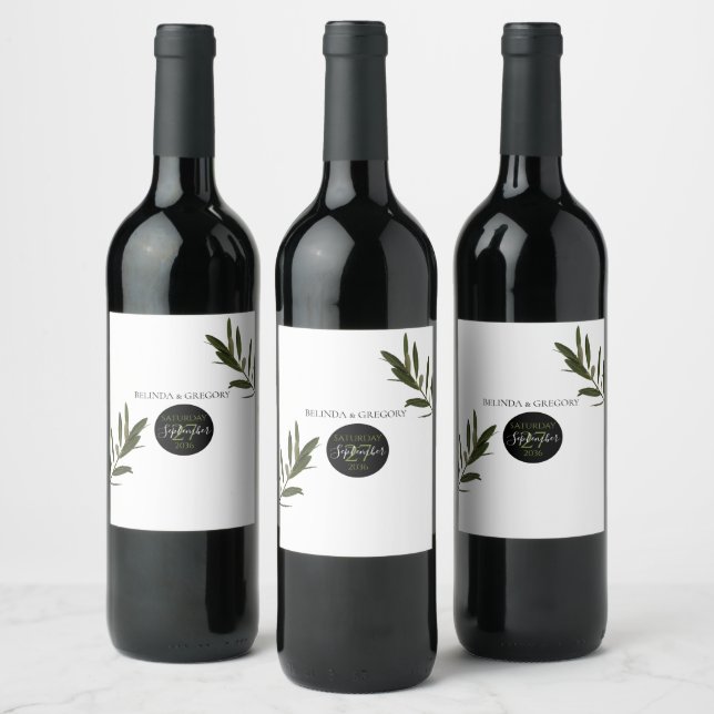 Olive Leaves Greenery Wedding Wine Label (Bottles)