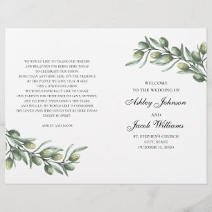 Olive leaves. Italian wedding program folded