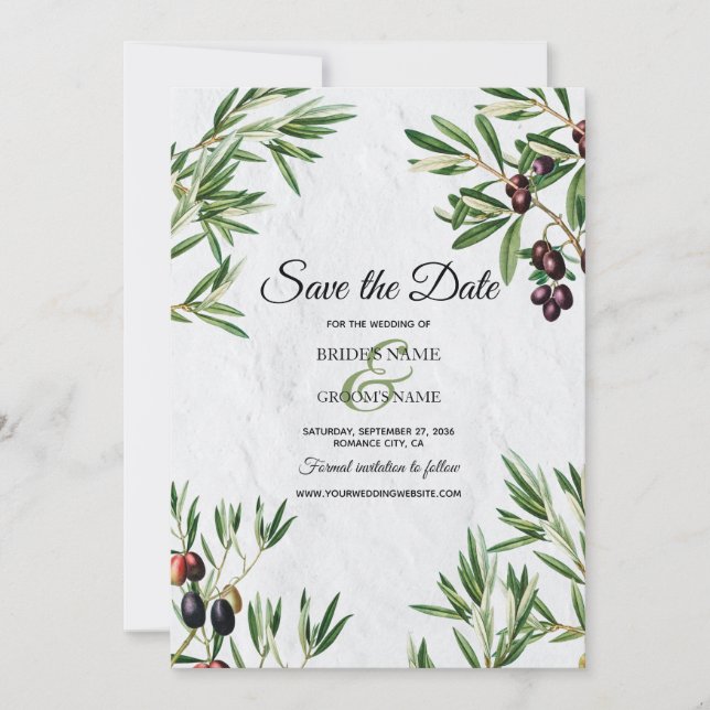 Olive Leaves Mediterranean Greek Island Wedding  Save The Date (Front)