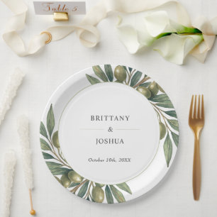 Olive Leaves Mediterranean Rustic Wedding  Paper Plate
