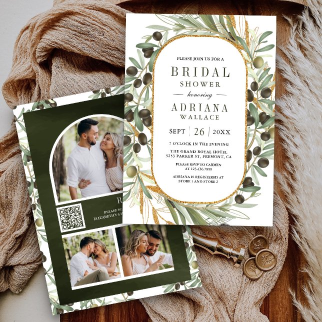 Olive Leaves Photo Collage QR Code Bridal Shower Invitation (Creator Uploaded)
