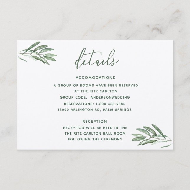 Olive Leaves Wedding Details Card (Front)
