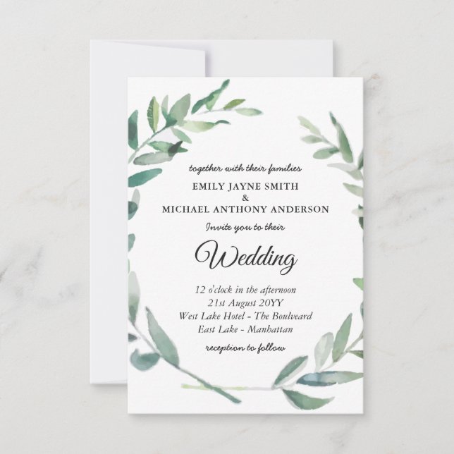 Olive Leaves Wedding Invitation Greenery Modern (Front)