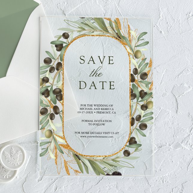 Olive Leaves Wedding Save the Date Acrylic Invitations (Creator Uploaded)