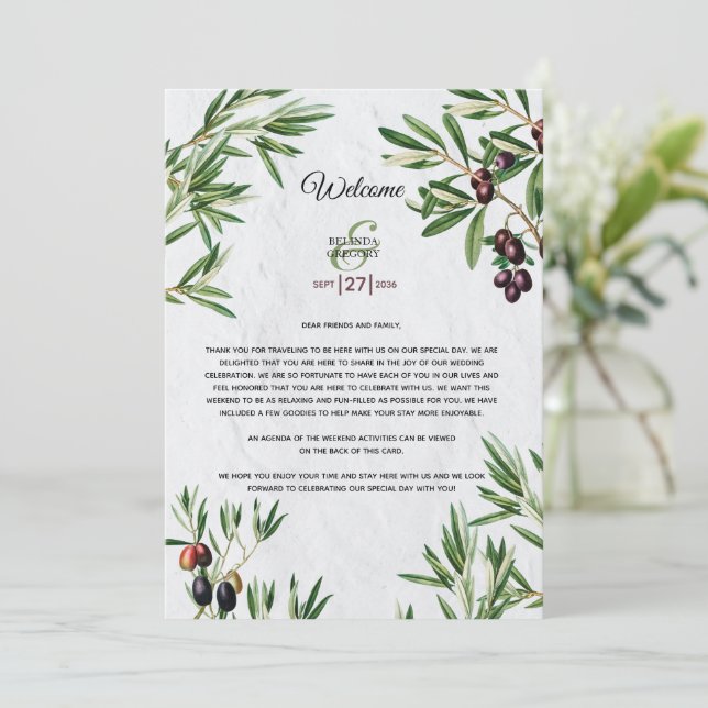Olive Leaves Wedding Welcome Itinerary Program (Standing Front)