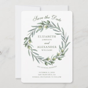 Olive leaves wreath. Italian wedding save the date Invitation