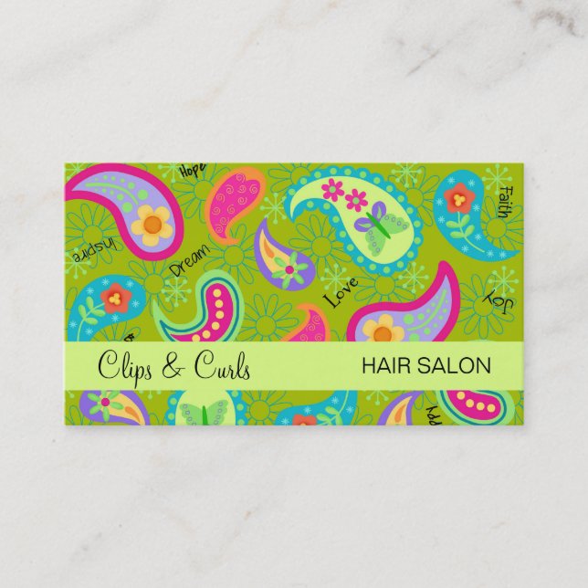 Olive & Lime Green Modern Paisley Pattern Business Card (Front)