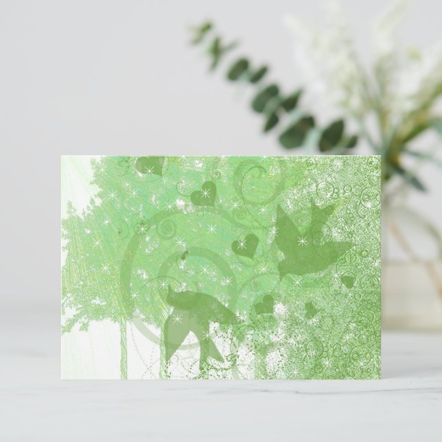 Olive Lime Woodland Birds & Swirls Wedding RSVP Card (Standing Front)